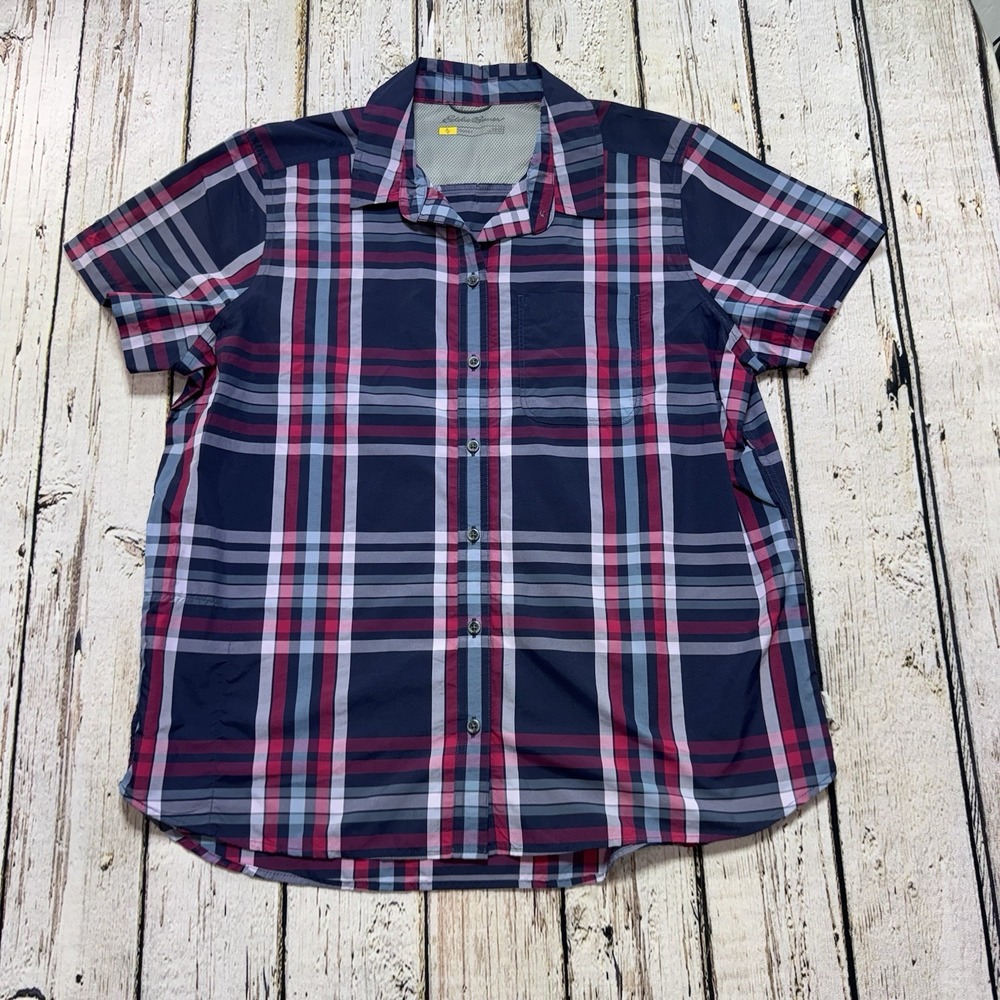 Eddie Bauer Travex Short Sleeve Shirt Women's L Pink Blue Plaid Button Outdoor